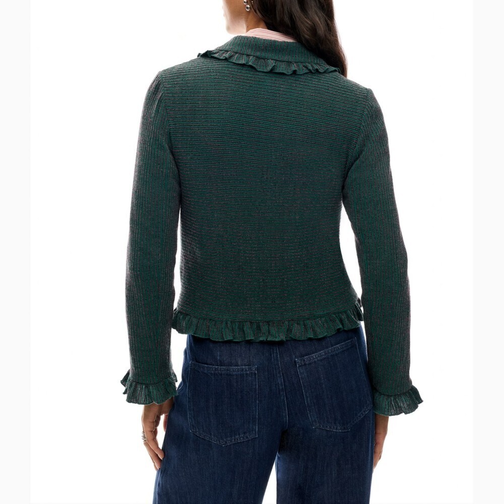 Green Ribbed Knit Ruffle Collar Button Front Cropped Cardigan - Picture 4 of 7